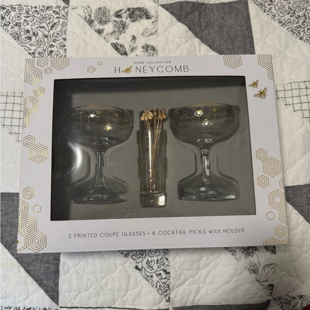 Williams Sonoma coupe glasses, cocktail picks, and holder